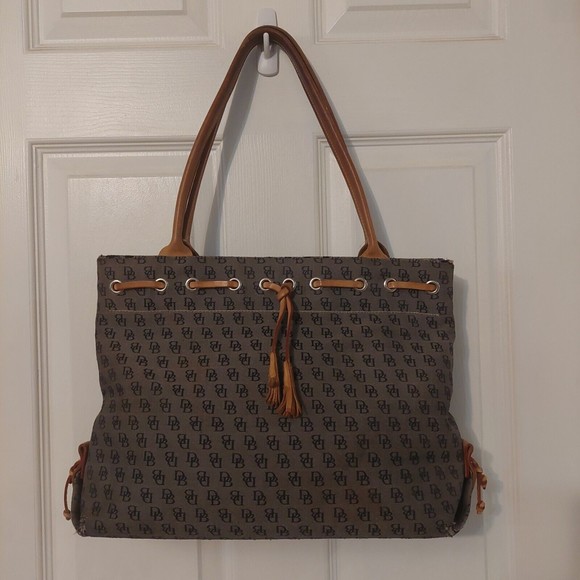 Dooney and Bourke Monogrammed Grey Tote with Brown Leather Tassel Shoulder Bag - Picture 1 of 12